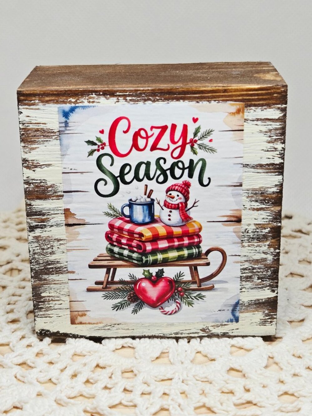 Handcrafted Christmas Shelf Sitter, Tiered Tray Decor "Cozy Season" Snowman